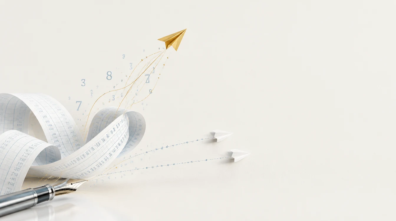 Golden paper airplane above accounting papers